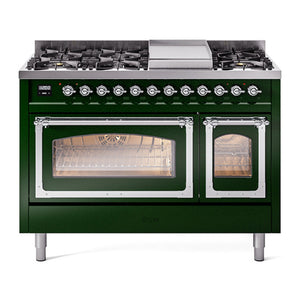 ILVE Nostalgie II 48-Inch Dual Fuel Range with 8 Sealed Burners + Griddle, 5.02 cu. ft. Oven, Emerald Green with Chrome Trim, Natural Gas, Triple Glass Door, UN48FNMPEGC