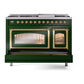 ILVE Nostalgie II 48-Inch Dual Fuel Range with 8 Sealed Burners + Griddle, 5.02 cu. ft. Oven, Emerald Green with Brass Trim, Liquid Propane, Triple Glass Door, UN48FNMPEGGLP