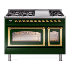 ILVE Nostalgie II 48-Inch Dual Fuel Range with 8 Sealed Burners + Griddle, 5.02 cu. ft. Oven, Emerald Green with Brass Trim, Natural Gas, Triple Glass Door, UN48FNMPEGG