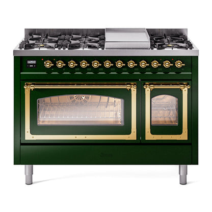 ILVE Nostalgie II 48-Inch Dual Fuel Range with 8 Sealed Burners + Griddle, 5.02 cu. ft. Oven, Emerald Green with Brass Trim, Natural Gas, Triple Glass Door, UN48FNMPEGG