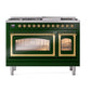 ILVE Nostalgie II 48-Inch Dual Fuel Range with 8 Sealed Burners + Griddle, 5.02 cu. ft. Oven, Emerald Green with Brass Trim, Natural Gas, Triple Glass Door, UN48FNMPEGG