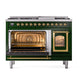 ILVE Nostalgie II 48-Inch Dual Fuel Range with 8 Sealed Burners + Griddle, 5.02 cu. ft. Oven, Emerald Green with Brass Trim, Natural Gas, Triple Glass Door, UN48FNMPEGG