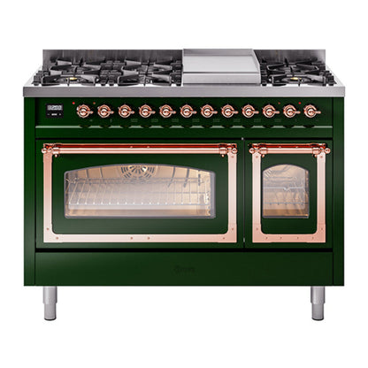 ILVE Nostalgie II 48-Inch Dual Fuel Range with 8 Sealed Burners + Griddle, 5.02 cu. ft. Oven, Emerald Green with Copper Trim, Liquid Propane, Triple Glass Door, UN48FNMPEGPLP
