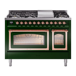ILVE Nostalgie II 48-Inch Dual Fuel Range with 8 Sealed Burners + Griddle, 5.02 cu. ft. Oven, Emerald Green with Copper Trim, Natural Gas, Triple Glass Door, UN48FNMPEGP