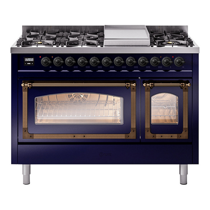ILVE Nostalgie II 48-Inch Dual Fuel Range with 8 Sealed Burners + Griddle, 5.02 cu. ft. Oven, Midnight Blue with Burnished Trim, Liquid Propane, Triple Glass Door, UN48FNMPMBBLP