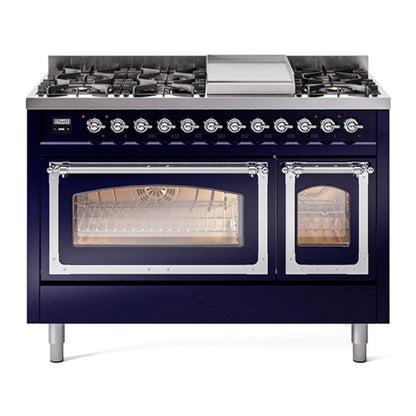 ILVE Nostalgie II 48-Inch Dual Fuel Range with 8 Sealed Burners + Griddle, 5.02 cu. ft. Oven, Midnight Blue with Chrome Trim, Liquid Propane, Triple Glass Door, UN48FNMPMBCLP