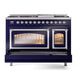 ILVE Nostalgie II 48-Inch Dual Fuel Range with 8 Sealed Burners + Griddle, 5.02 cu. ft. Oven, Midnight Blue with Chrome Trim, Natural Gas, Triple Glass Door, UN48FNMPMBC