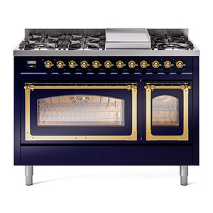 ILVE Nostalgie II 48-Inch Dual Fuel Range with 8 Sealed Burners + Griddle, 5.02 cu. ft. Oven, Midnight Blue with Brass Trim, Natural Gas, Triple Glass Door, UN48FNMPMBG
