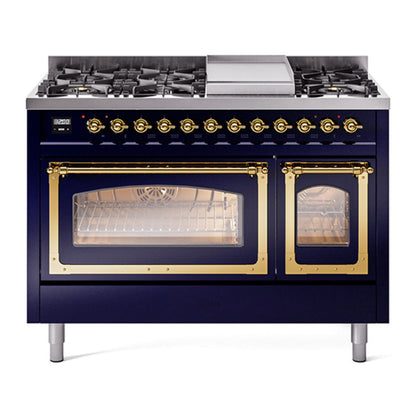 ILVE Nostalgie II 48-Inch Dual Fuel Range with 8 Sealed Burners + Griddle, 5.02 cu. ft. Oven, Midnight Blue with Brass Trim, Natural Gas, Triple Glass Door, UN48FNMPMBG