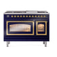 ILVE Nostalgie II 48-Inch Dual Fuel Range with 8 Sealed Burners + Griddle, 5.02 cu. ft. Oven, Midnight Blue with Brass Trim, Natural Gas, Triple Glass Door, UN48FNMPMBG