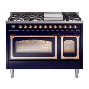 ILVE Nostalgie II 48-Inch Dual Fuel Range with 8 Sealed Burners + Griddle, 5.02 cu. ft. Oven, Midnight Blue with Copper Trim, Natural Gas, Triple Glass Door, UN48FNMPMBP