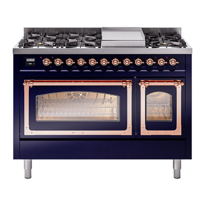 ILVE Nostalgie II 48-Inch Dual Fuel Range with 8 Sealed Burners + Griddle, 5.02 cu. ft. Oven, Midnight Blue with Copper Trim, Natural Gas, Triple Glass Door, UN48FNMPMBP