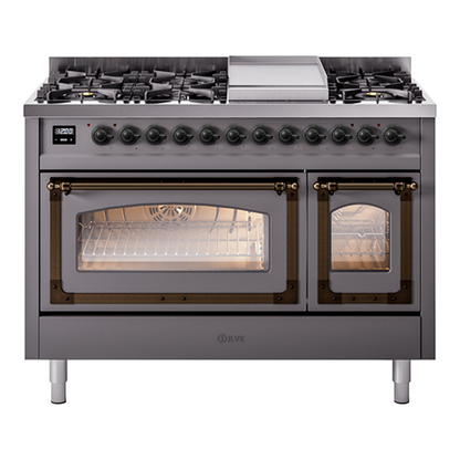 ILVE Nostalgie II 48-Inch Dual Fuel Range with 8 Sealed Burners + Griddle, 5.02 cu. ft. Oven, Graphite Matte with Burnished Trim, Liquid Propane, Triple Glass Door, UN48FNMPMGBLP