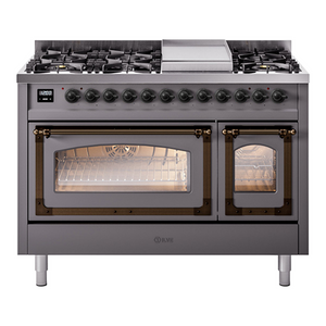 ILVE Nostalgie II 48-Inch Dual Fuel Range with 8 Sealed Burners + Griddle, 5.02 cu. ft. Oven, Graphite Matte with Burnished Trim, Natural Gas, Triple Glass Door, UN48FNMPMGB