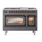 ILVE Nostalgie II 48-Inch Dual Fuel Range with 8 Sealed Burners + Griddle, 5.02 cu. ft. Oven, Graphite Matte with Burnished Trim, Natural Gas, Triple Glass Door, UN48FNMPMGB