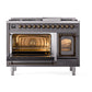 ILVE Nostalgie II 48-Inch Dual Fuel Range with 8 Sealed Burners + Griddle, 5.02 cu. ft. Oven, Graphite Matte with Burnished Trim, Natural Gas, Triple Glass Door, UN48FNMPMGB