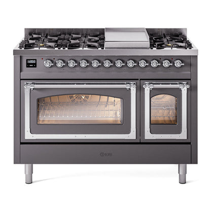 ILVE Nostalgie II 48-Inch Dual Fuel Range with 8 Sealed Burners + Griddle, 5.02 cu. ft. Oven, Graphite Matte with Chrome Trim, Liquid Propane, Triple Glass Door, UN48FNMPMGCLP
