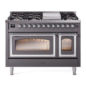 ILVE Nostalgie II 48-Inch Dual Fuel Range with 8 Sealed Burners + Griddle, 5.02 cu. ft. Oven, Graphite Matte with Chrome Trim, Natural Gas, Triple Glass Door, UN48FNMPMGC