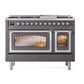 ILVE Nostalgie II 48-Inch Dual Fuel Range with 8 Sealed Burners + Griddle, 5.02 cu. ft. Oven, Graphite Matte with Chrome Trim, Natural Gas, Triple Glass Door, UN48FNMPMGC