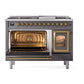 ILVE Nostalgie II 48-Inch Dual Fuel Range with 8 Sealed Burners + Griddle, 5.02 cu. ft. Oven, Graphite Matte with Brass Trim, Liquid Propane, Triple Glass Door, UN48FNMPMGGLP
