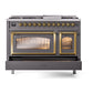 ILVE Nostalgie II 48-Inch Dual Fuel Range with 8 Sealed Burners + Griddle, 5.02 cu. ft. Oven, Graphite Matte with Brass Trim, Liquid Propane, Triple Glass Door, UN48FNMPMGGLP