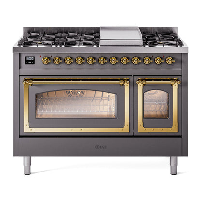 ILVE Nostalgie II 48-Inch Dual Fuel Range with 8 Sealed Burners + Griddle, 5.02 cu. ft. Oven, Graphite Matte with Brass Trim, Natural Gas, Triple Glass Door, UN48FNMPMGG