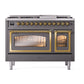 ILVE Nostalgie II 48-Inch Dual Fuel Range with 8 Sealed Burners + Griddle, 5.02 cu. ft. Oven, Graphite Matte with Brass Trim, Natural Gas, Triple Glass Door, UN48FNMPMGG