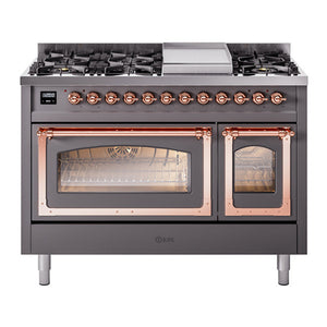ILVE Nostalgie II 48-Inch Dual Fuel Range with 8 Sealed Burners + Griddle, 5.02 cu. ft. Oven, Graphite Matte with Copper Trim, Natural Gas, Triple Glass Door, UN48FNMPMGP