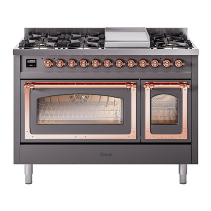 ILVE Nostalgie II 48-Inch Dual Fuel Range with 8 Sealed Burners + Griddle, 5.02 cu. ft. Oven, Graphite Matte with Copper Trim, Natural Gas, Triple Glass Door, UN48FNMPMGP