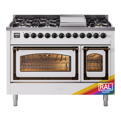 ILVE Nostalgie II 48-Inch Dual Fuel Range with 8 Sealed Burners + Griddle, 5.02 cu. ft. Oven, RAL with Burnished Trim, Liquid Propane, Triple Glass Door, UN48FNMPRABLP