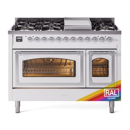 ILVE Nostalgie II 48-Inch Dual Fuel Range with 8 Sealed Burners + Griddle, 5.02 cu. ft. Oven, RAL with Chrome Trim, Liquid Propane, Triple Glass Door, UN48FNMPRACLP