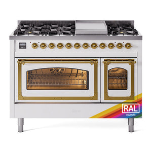 ILVE Nostalgie II 48-Inch Dual Fuel Range with 8 Sealed Burners + Griddle, 5.02 cu. ft. Oven, RAL with Brass Trim, Liquid Propane, Triple Glass Door, UN48FNMPRAGLP