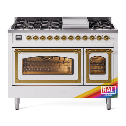 ILVE Nostalgie II 48-Inch Dual Fuel Range with 8 Sealed Burners + Griddle, 5.02 cu. ft. Oven, RAL with Brass Trim, Liquid Propane, Triple Glass Door, UN48FNMPRAGLP