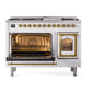 ILVE Nostalgie II 48-Inch Dual Fuel Range with 8 Sealed Burners + Griddle, 5.02 cu. ft. Oven, RAL with Brass Trim, Natural Gas, Triple Glass Door, UN48FNMPRAG
