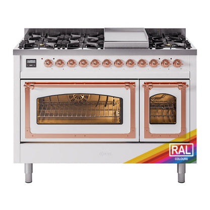 ILVE Nostalgie II 48-Inch Dual Fuel Range with 8 Sealed Burners + Griddle, 5.02 cu. ft. Oven, RAL with Copper Trim, Liquid Propane, Triple Glass Door, UN48FNMPRAPLP