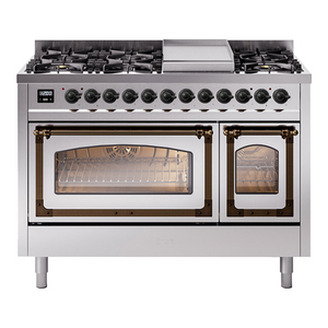 ILVE Nostalgie II 48-Inch Dual Fuel Range with 8 Sealed Burners + Griddle, 5.02 cu. ft. Oven, Stainless Steel with Burnished Trim, Liquid Propane, Triple Glass Door, UN48FNMPSSBLP