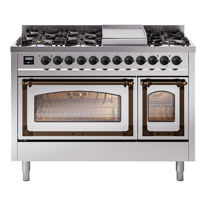 ILVE Nostalgie II 48-Inch Dual Fuel Range with 8 Sealed Burners + Griddle, 5.02 cu. ft. Oven, Stainless Steel with Burnished Trim, Natural Gas, Triple Glass Door, UN48FNMPSSB