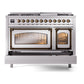 ILVE Nostalgie II 48-Inch Dual Fuel Range with 8 Sealed Burners + Griddle, 5.02 cu. ft. Oven, Stainless Steel with Burnished Trim, Natural Gas, Triple Glass Door, UN48FNMPSSB