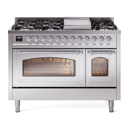 ILVE Nostalgie II 48-Inch Dual Fuel Range with 8 Sealed Burners + Griddle, 5.02 cu. ft. Oven, Stainless Steel with Chrome Trim, Natural Gas, Triple Glass Door, UN48FNMPSSC