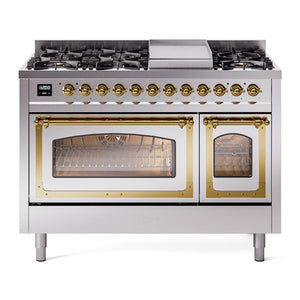 ILVE Nostalgie II 48-Inch Dual Fuel Range with 8 Sealed Burners + Griddle, 5.02 cu. ft. Oven, Stainless Steel with Brass Trim, Liquid Propane, Triple Glass Door, UN48FNMPSSGLP