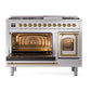 ILVE Nostalgie II 48-Inch Dual Fuel Range with 8 Sealed Burners + Griddle, 5.02 cu. ft. Oven, Stainless Steel with Brass Trim, Liquid Propane, Triple Glass Door, UN48FNMPSSGLP
