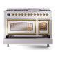 ILVE Nostalgie II 48-Inch Dual Fuel Range with 8 Sealed Burners + Griddle, 5.02 cu. ft. Oven, Stainless Steel with Brass Trim, Liquid Propane, Triple Glass Door, UN48FNMPSSGLP