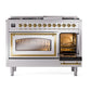 ILVE Nostalgie II 48-Inch Dual Fuel Range with 8 Sealed Burners + Griddle, 5.02 cu. ft. Oven, Stainless Steel with Brass Trim, Natural Gas, Triple Glass Door, UN48FNMPSSG