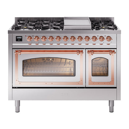 ILVE Nostalgie II 48-Inch Dual Fuel Range with 8 Sealed Burners + Griddle, 5.02 cu. ft. Oven, Stainless Steel with Copper Trim, Liquid Propane, Triple Glass Door, UN48FNMPSSPLP