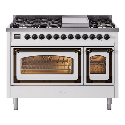 ILVE Nostalgie II 48-Inch Dual Fuel Range with 8 Sealed Burners + Griddle, 5.02 cu. ft. Oven, White with Burnished Trim, Liquid Propane, Triple Glass Door, UN48FNMPWHBLP