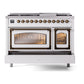 ILVE Nostalgie II 48-Inch Dual Fuel Range with 8 Sealed Burners + Griddle, 5.02 cu. ft. Oven, White with Burnished Trim, Liquid Propane, Triple Glass Door, UN48FNMPWHBLP