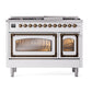ILVE Nostalgie II 48-Inch Dual Fuel Range with 8 Sealed Burners + Griddle, 5.02 cu. ft. Oven, White with Burnished Trim, Natural Gas, Triple Glass Door, UN48FNMPWHB
