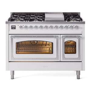 ILVE Nostalgie II 48-Inch Dual Fuel Range with 8 Sealed Burners + Griddle, 5.02 cu. ft. Oven, White with Chrome Trim, Natural Gas, Triple Glass Door, UN48FNMPWHC