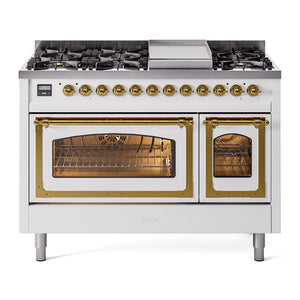 ILVE Nostalgie II 48-Inch Dual Fuel Range with 8 Sealed Burners + Griddle, 5.02 cu. ft. Oven, White with Brass Trim, Liquid Propane, Triple Glass Door, UN48FNMPWHGLP