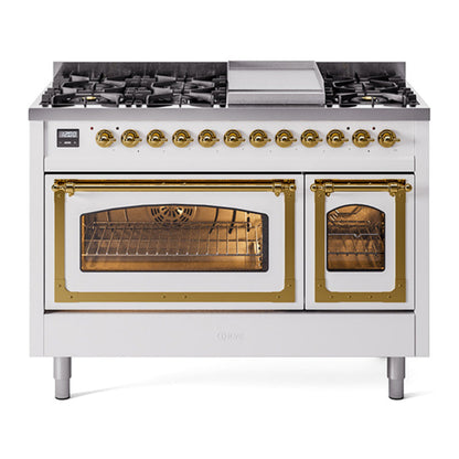 ILVE Nostalgie II 48-Inch Dual Fuel Range with 8 Sealed Burners + Griddle, 5.02 cu. ft. Oven, White with Brass Trim, Liquid Propane, Triple Glass Door, UN48FNMPWHGLP